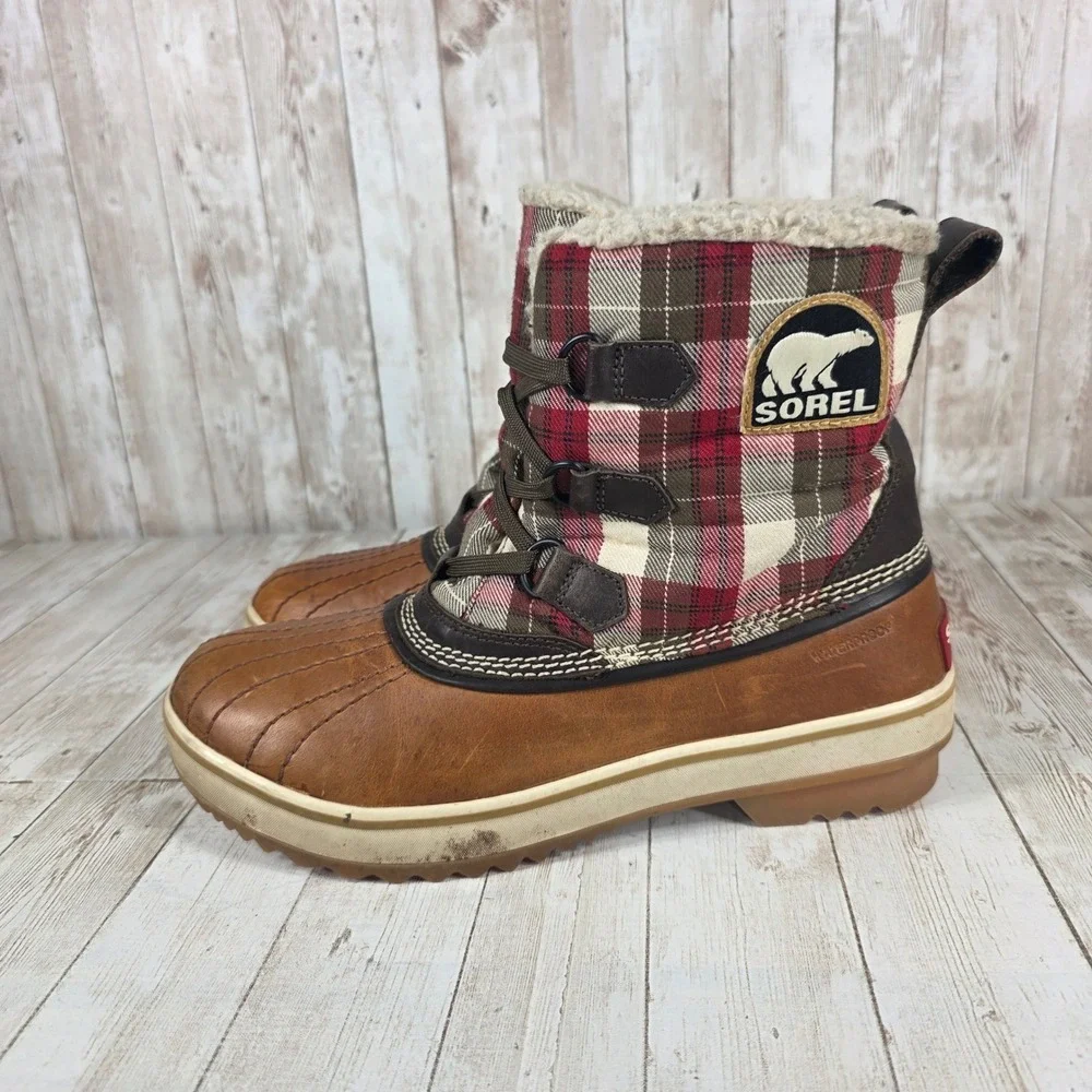 Sorel Waterproof Plaid Lined Snow Boots Women's Size 7.5‎ Tan Leather Winter